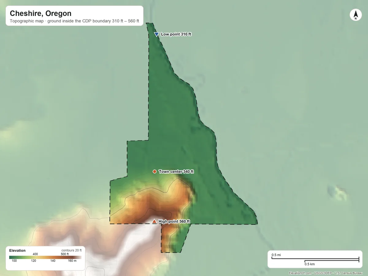 Topographic elevation map of Cheshire, Oregon, shaded from 310 ft on the north side to 560 ft on the south side