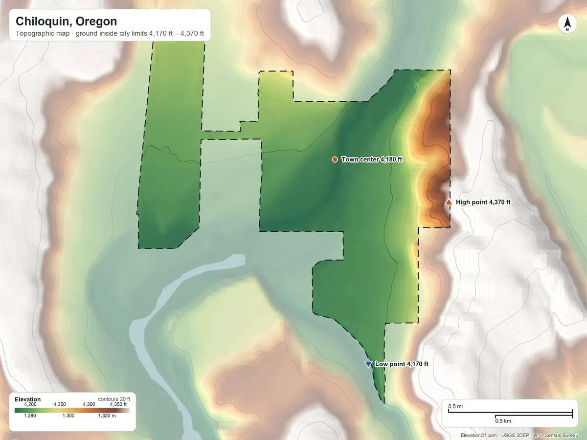 Topographic elevation map of Chiloquin, Oregon, shaded from 4,170 ft on the south side to 4,370 ft at the foot of the Canby Mountains