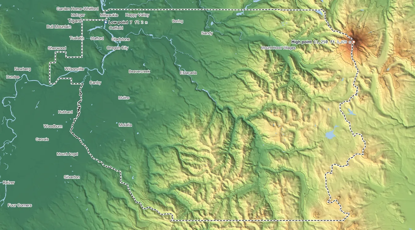 Topographic elevation map of Clackamas County, Oregon, shaded from 7 ft on the northwest side to 11,250 ft on Mount Hood