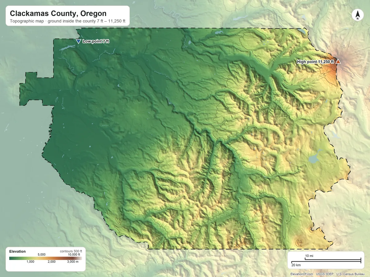 Topographic elevation map of Clackamas County, Oregon, shaded from 7 ft on the northwest side to 11,250 ft on Mount Hood