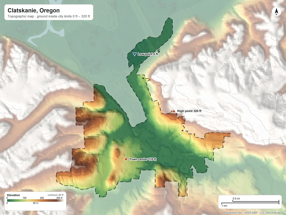 Topographic elevation map of Clatskanie, Oregon, shaded from 0 ft on the north side to 320 ft on the northeast edge, below higher ground just outside