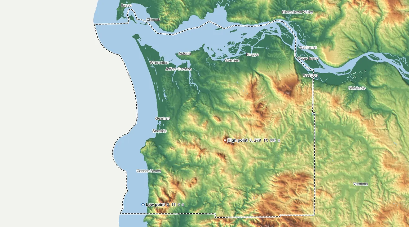Topographic elevation map of Clatsop County, Oregon, shaded from sea level on the Pacific Ocean to 3,270 ft on Saddle Mountain