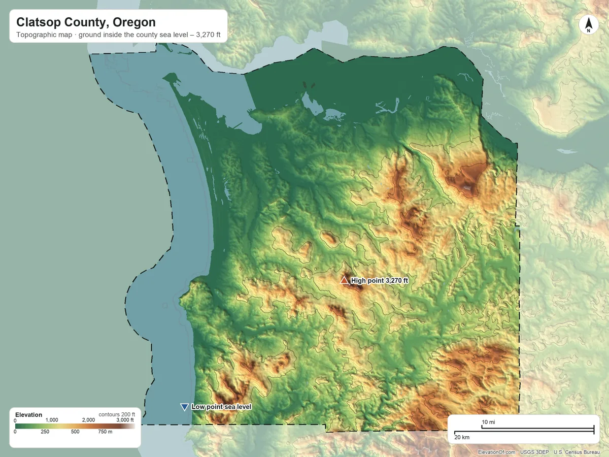 Topographic elevation map of Clatsop County, Oregon, shaded from sea level on the Pacific Ocean to 3,270 ft on Saddle Mountain