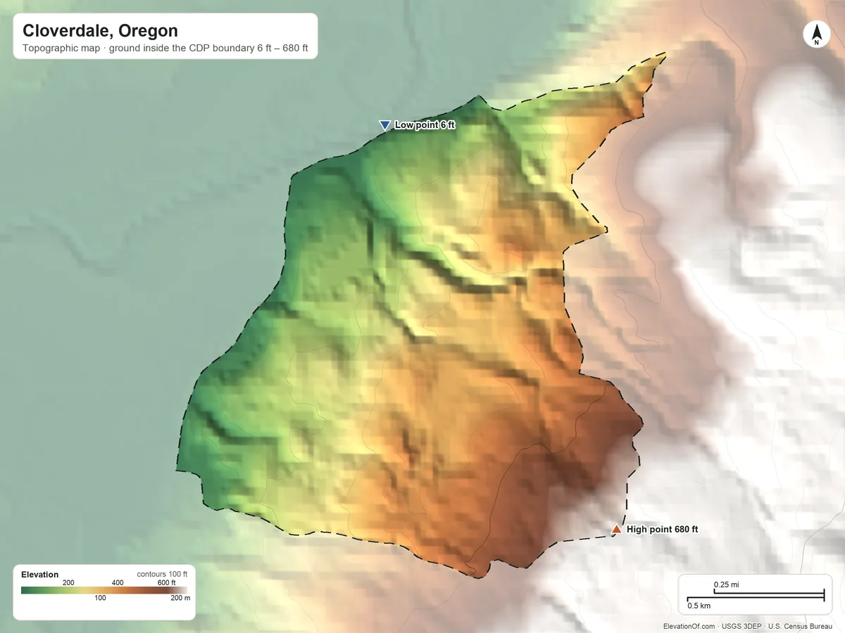 Topographic elevation map of Cloverdale, Oregon, shaded from 6 ft on the north side to 680 ft on the southeast edge, below higher ground just outside