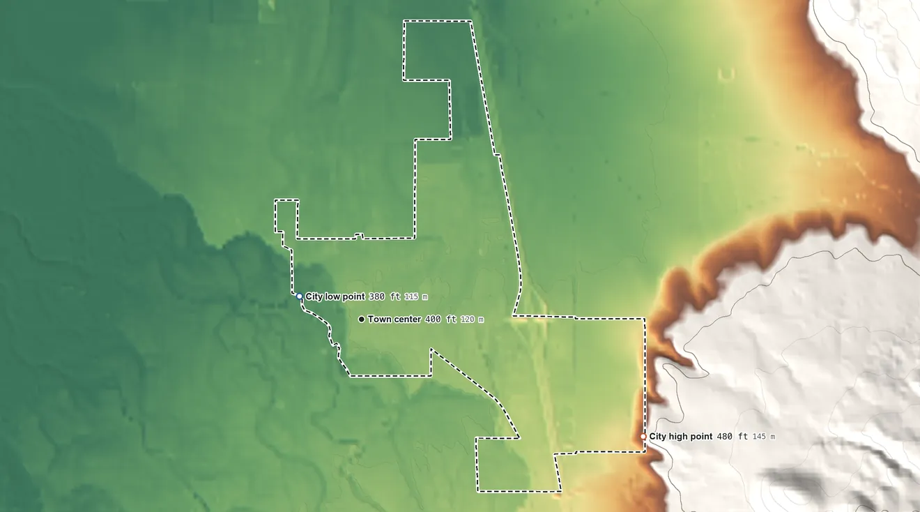 Topographic elevation map of Coburg, Oregon, shaded from 380 ft on the west side to 480 ft at the foot of the Coburg Hills