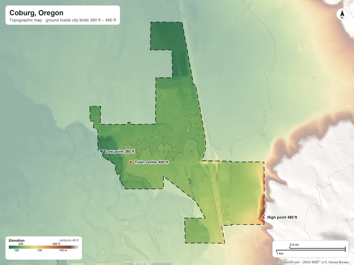Topographic elevation map of Coburg, Oregon, shaded from 380 ft on the west side to 480 ft at the foot of the Coburg Hills