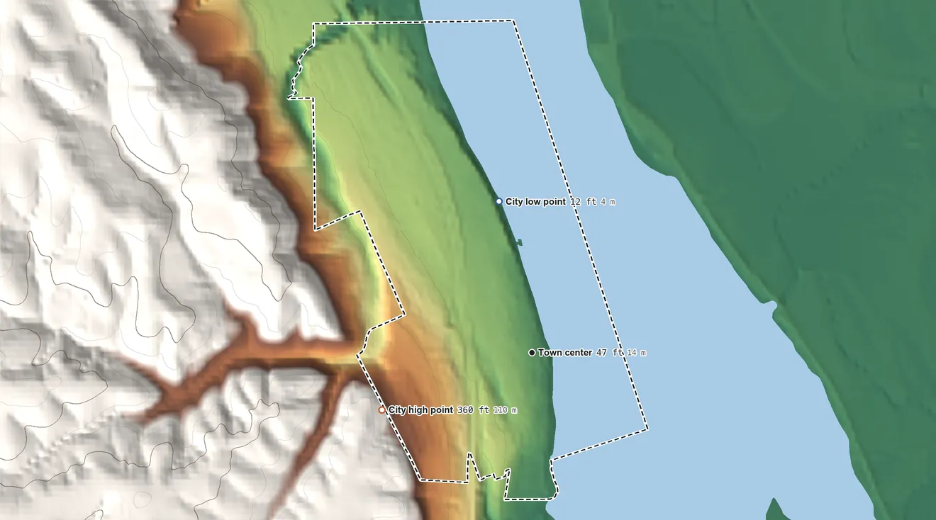 Topographic elevation map of Columbia City, Oregon, shaded from 12 ft on the north side to 360 ft on the west edge, below higher ground just outside