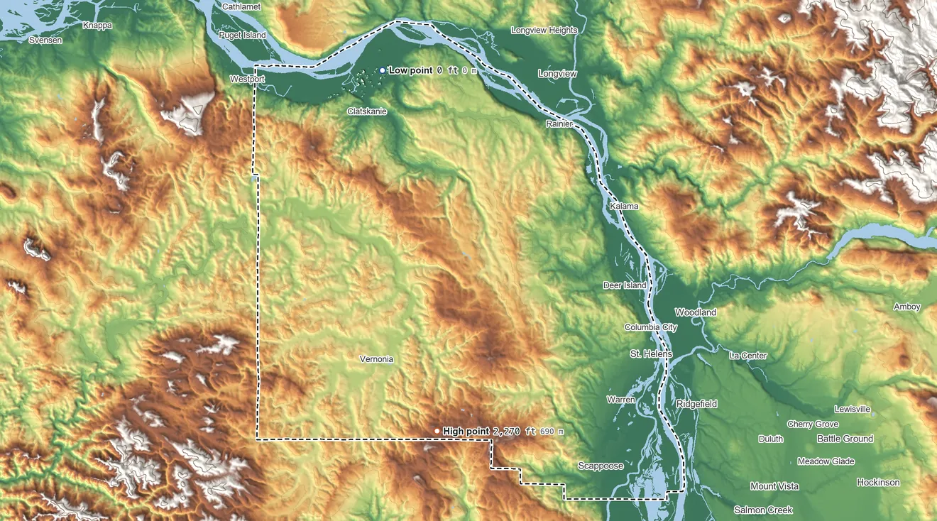 Topographic elevation map of Columbia County, Oregon, shaded from 0 ft on the northwest side to 2,270 ft on Long Mountain