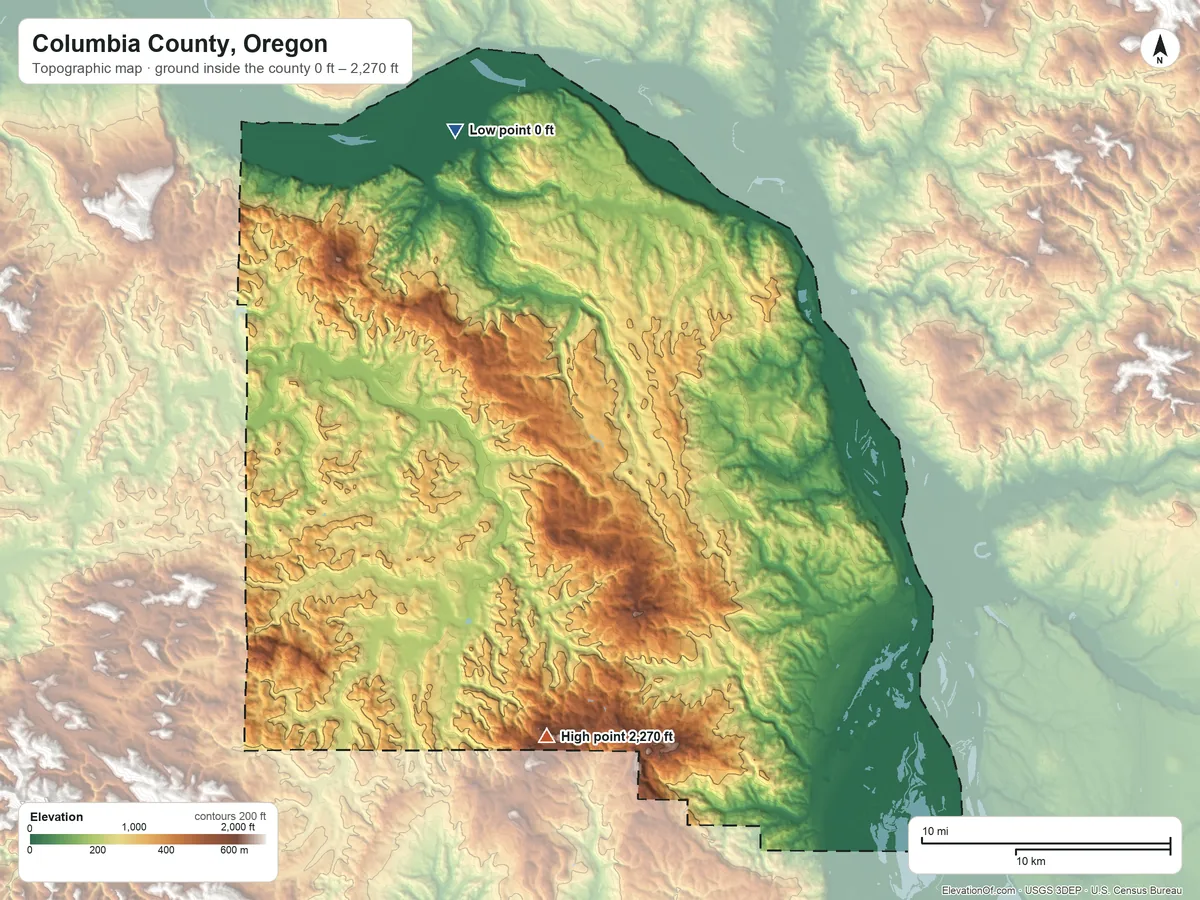 Topographic elevation map of Columbia County, Oregon, shaded from 0 ft on the northwest side to 2,270 ft on Long Mountain