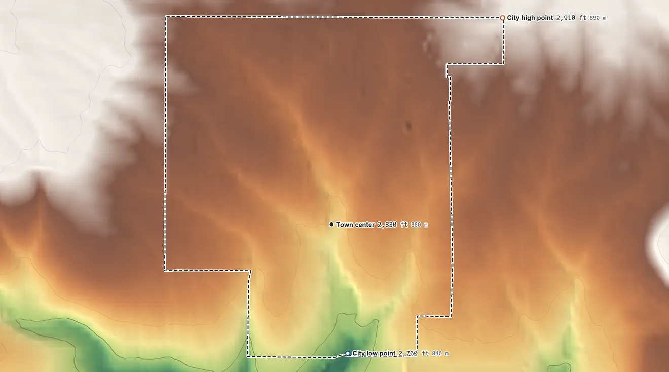 Topographic elevation map of Condon, Oregon, shaded from 2,760 ft on the south side to 2,910 ft on the northeast side