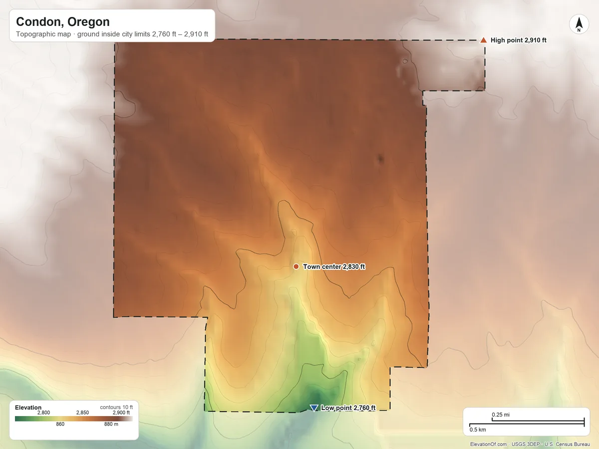Topographic elevation map of Condon, Oregon, shaded from 2,760 ft on the south side to 2,910 ft on the northeast side