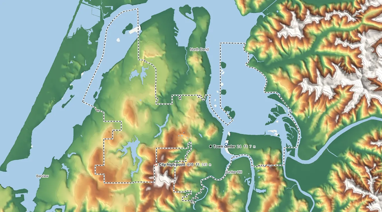 Topographic elevation map of Coos Bay, Oregon, shaded from sea level level on Coos Bay to 470 ft on the west side