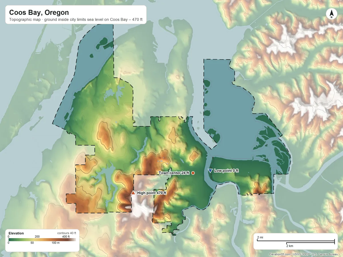 Topographic elevation map of Coos Bay, Oregon, shaded from sea level level on Coos Bay to 470 ft on the west side