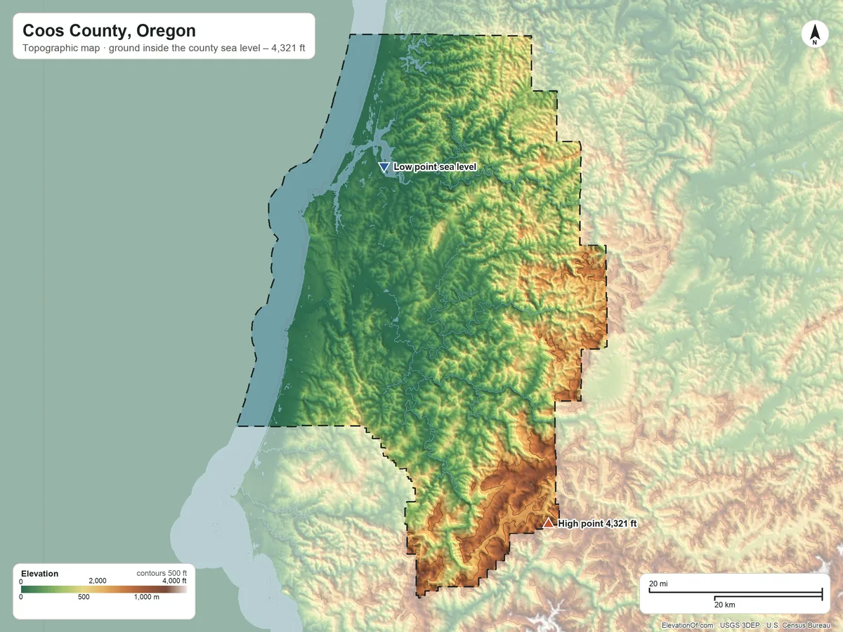 Topographic elevation map of Coos County, Oregon, shaded from sea level on Coos Bay to 4,321 ft on Mount Bolivar