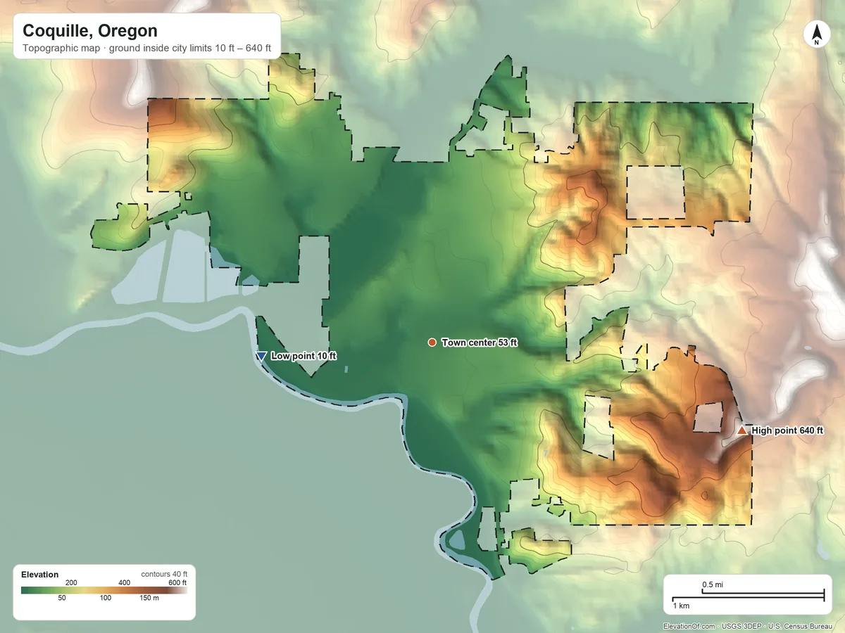 Topographic elevation map of Coquille, Oregon, shaded from 10 ft on the west side to 640 ft on the east edge, below higher ground just outside