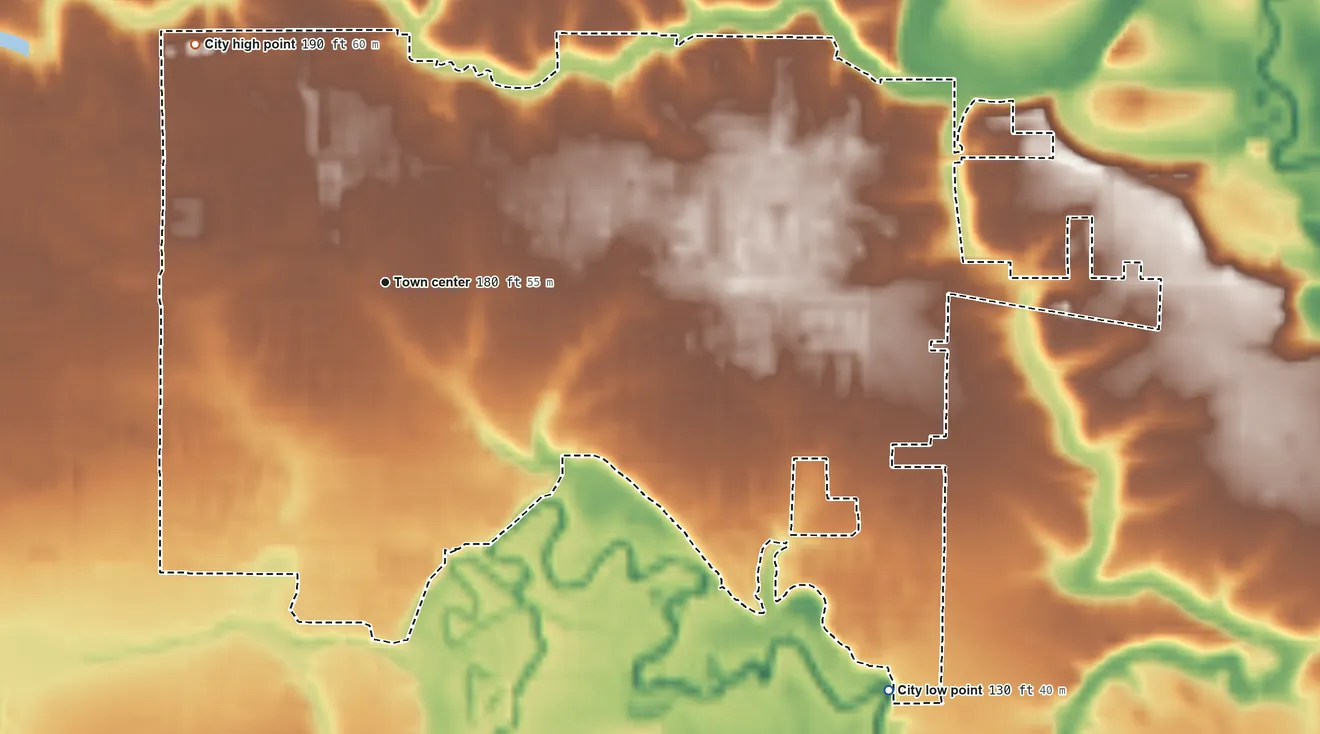 Topographic elevation map of Cornelius, Oregon, shaded from 130 ft on the southeast side to 190 ft on the northwest side