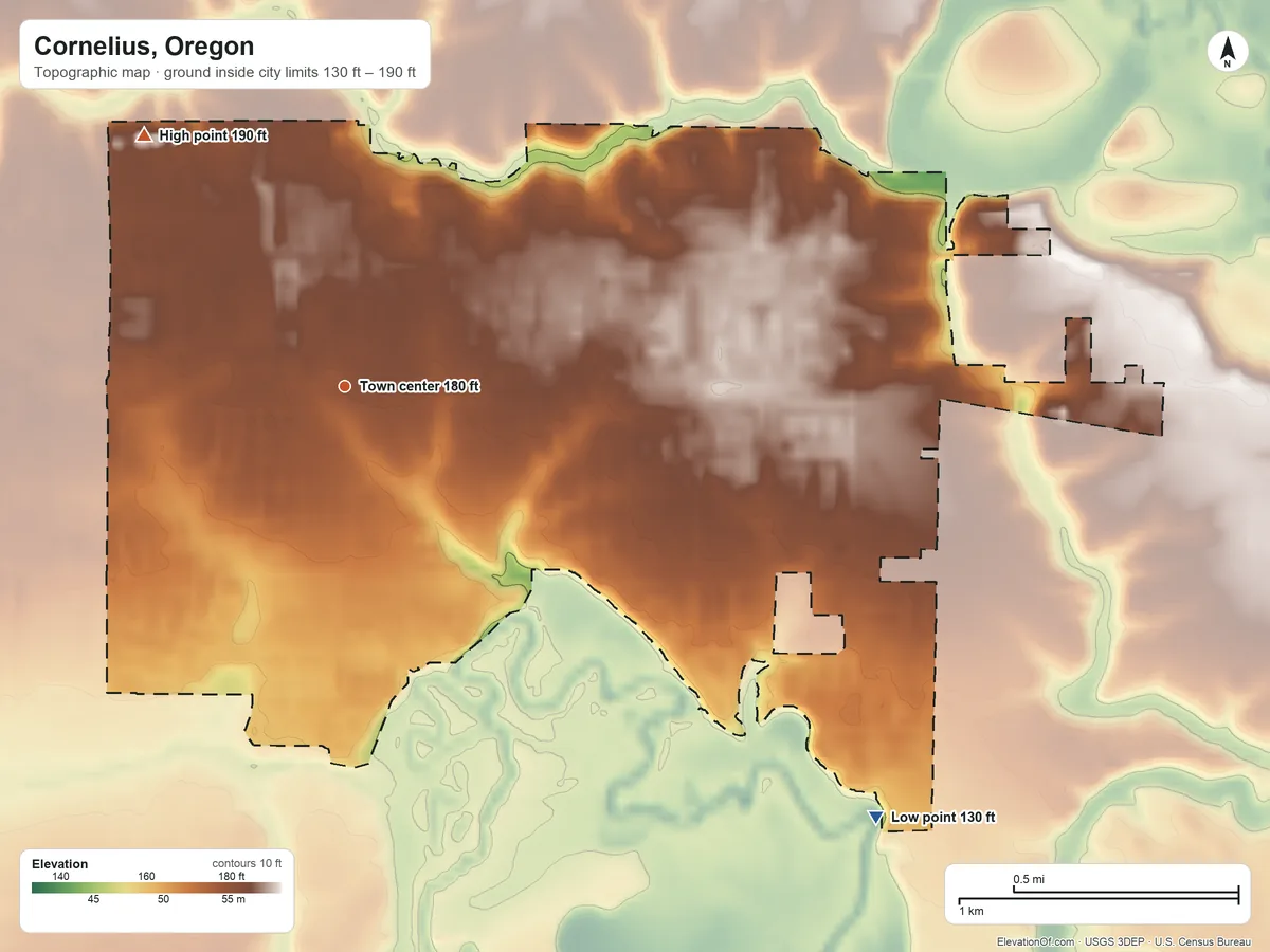 Topographic elevation map of Cornelius, Oregon, shaded from 130 ft on the southeast side to 190 ft on the northwest side