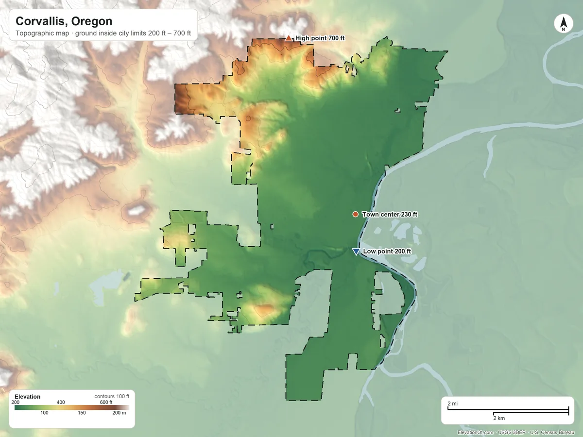 Topographic elevation map of Corvallis, Oregon, shaded from 200 ft near the middle to 700 ft at the foot of the Cardwell Hills