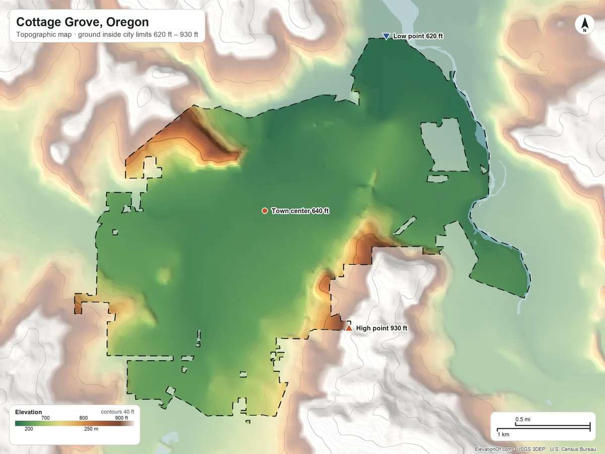 Topographic elevation map of Cottage Grove, Oregon, shaded from 620 ft on the northeast side to 930 ft on the southeast edge, below higher ground just outside