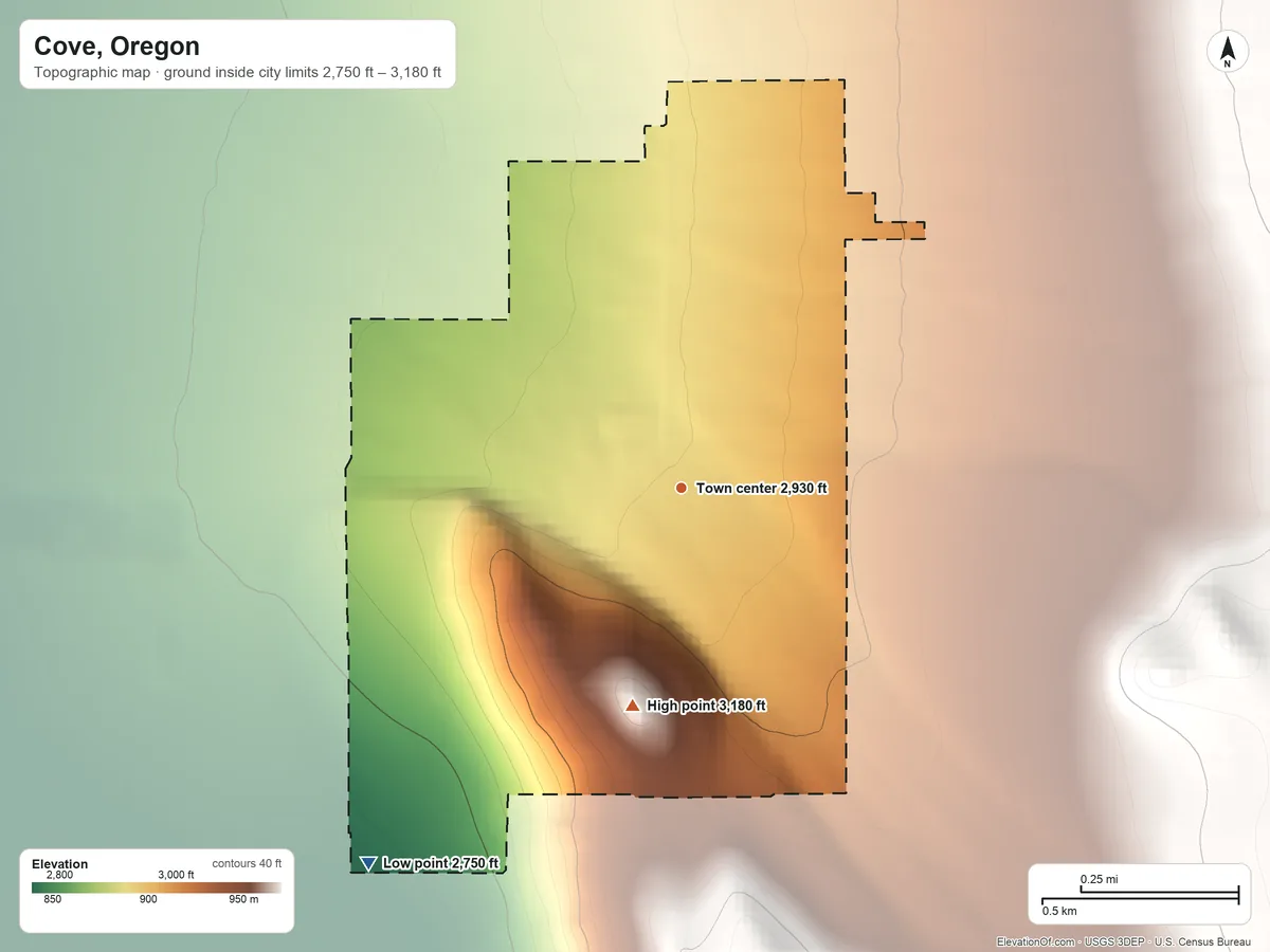 Topographic elevation map of Cove, Oregon, shaded from 2,750 ft on the southwest side to 3,180 ft on the south edge, below higher ground just outside