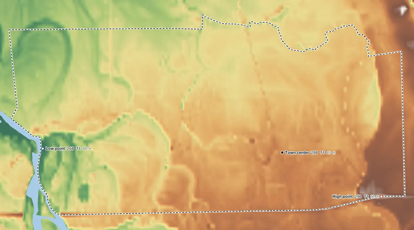 Topographic elevation map of Crabtree, Oregon, shaded from 260 ft on the west side to 290 ft on the southeast side