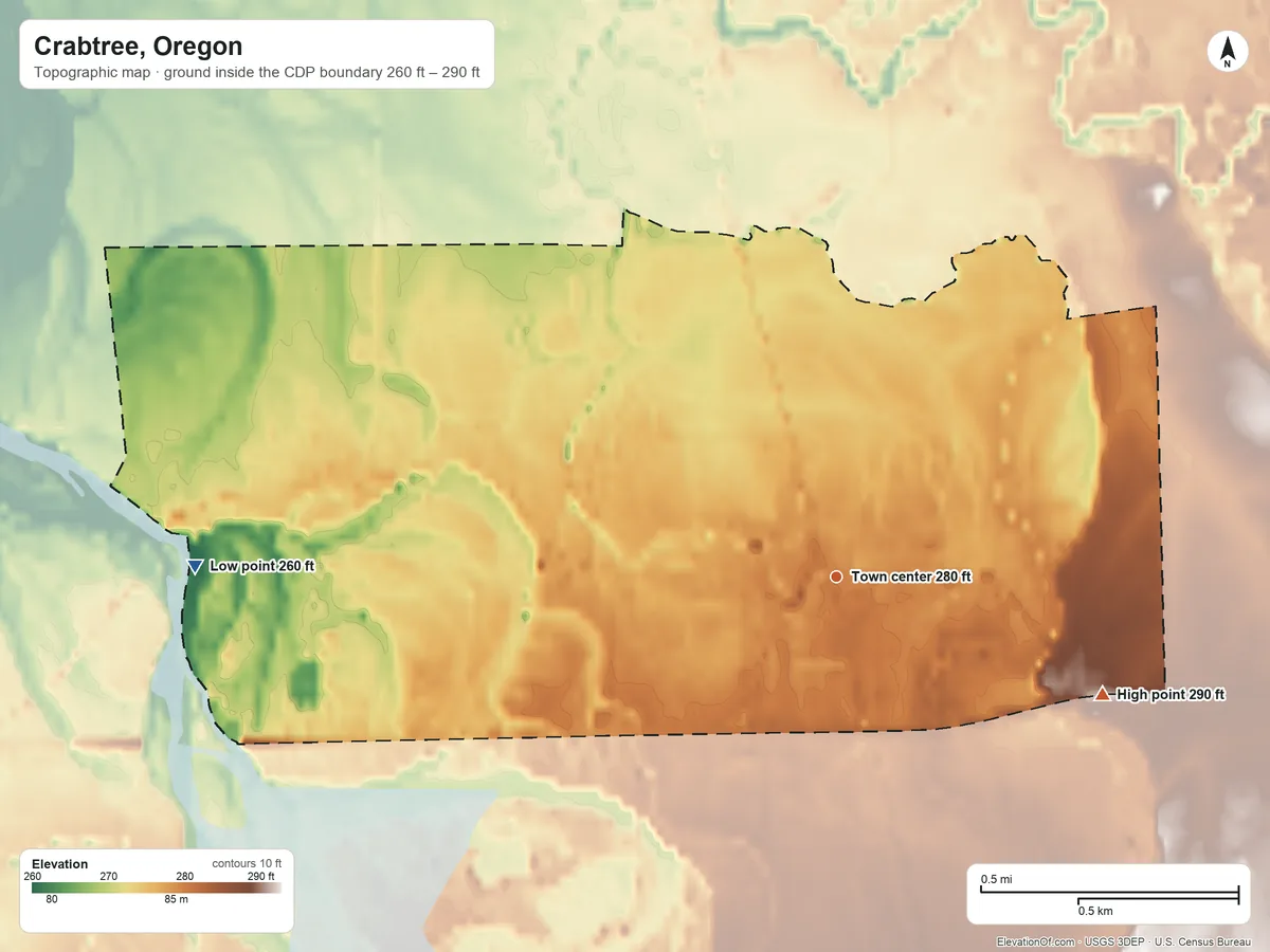 Topographic elevation map of Crabtree, Oregon, shaded from 260 ft on the west side to 290 ft on the southeast side
