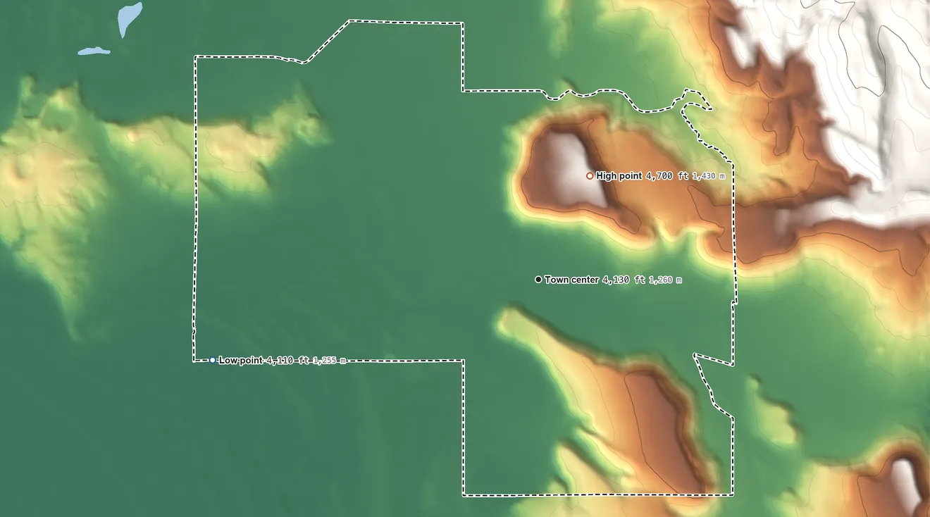 Topographic elevation map of Crane, Oregon, shaded from 4,110 ft on the west side to 4,700 ft on Crane Butte