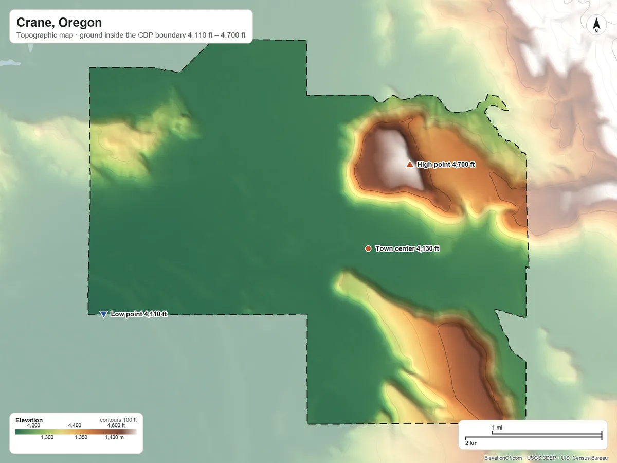 Topographic elevation map of Crane, Oregon, shaded from 4,110 ft on the west side to 4,700 ft on Crane Butte