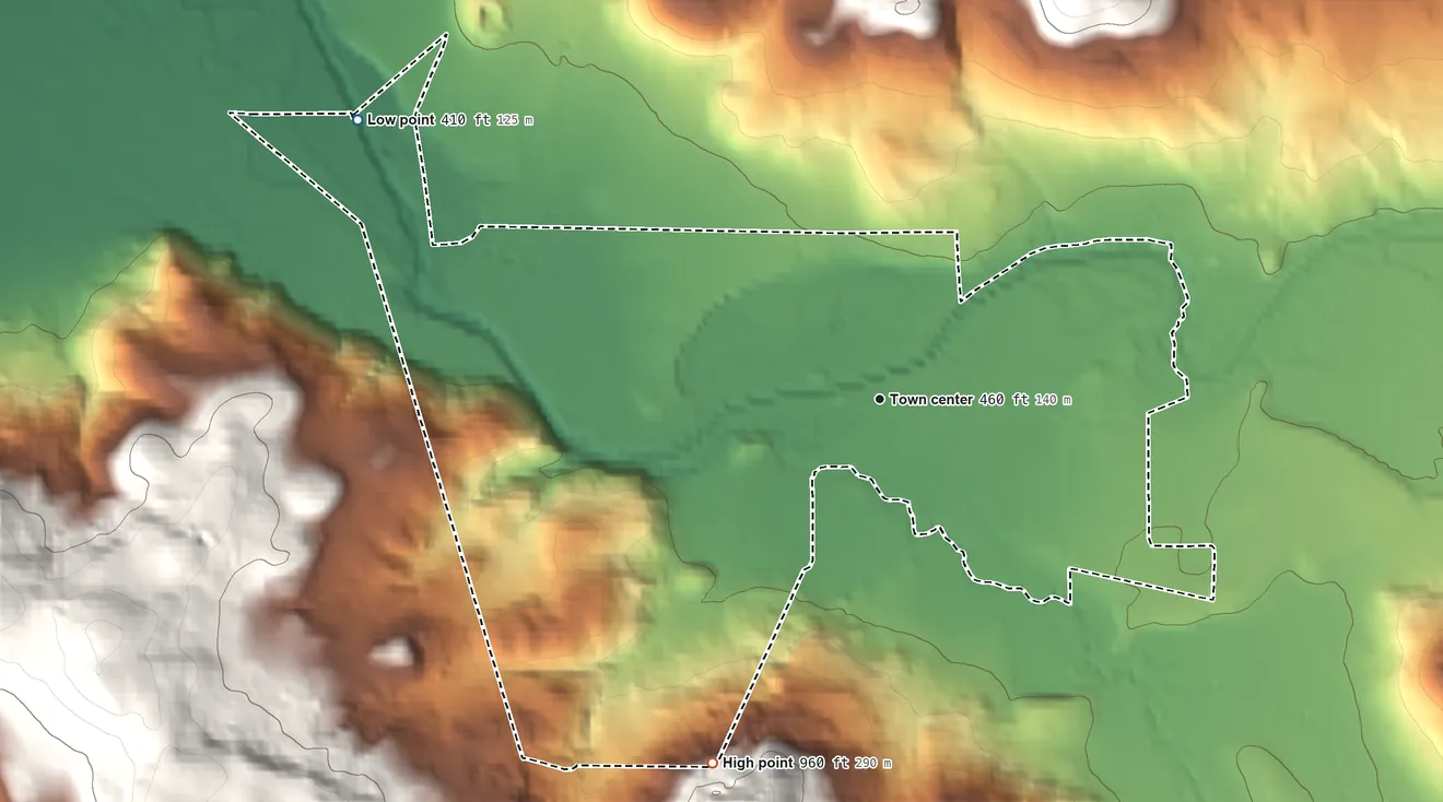 Topographic elevation map of Crawfordsville, Oregon, shaded from 410 ft on the northwest side to 960 ft at the foot of the Coburg Hills