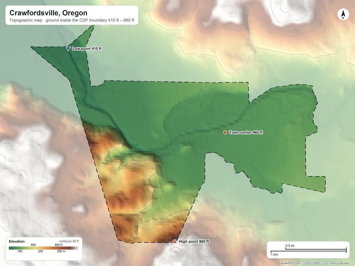 Topographic elevation map of Crawfordsville, Oregon, shaded from 410 ft on the northwest side to 960 ft at the foot of the Coburg Hills