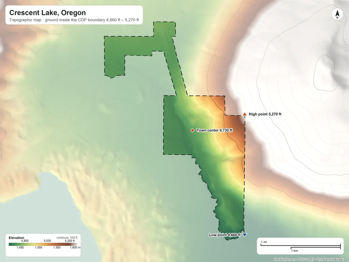Topographic elevation map of Crescent Lake, Oregon, shaded from 4,660 ft on the southeast side to 5,270 ft at the foot of the Calapooya Mountains