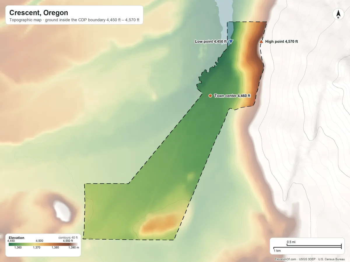 Topographic elevation map of Crescent, Oregon, shaded from 4,450 ft on the north side to 4,570 ft on the northeast edge, below higher ground just outside