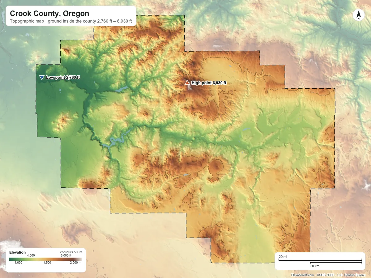 Topographic elevation map of Crook County, Oregon, shaded from 2,760 ft on the northwest side to 6,930 ft on Lookout Mountain