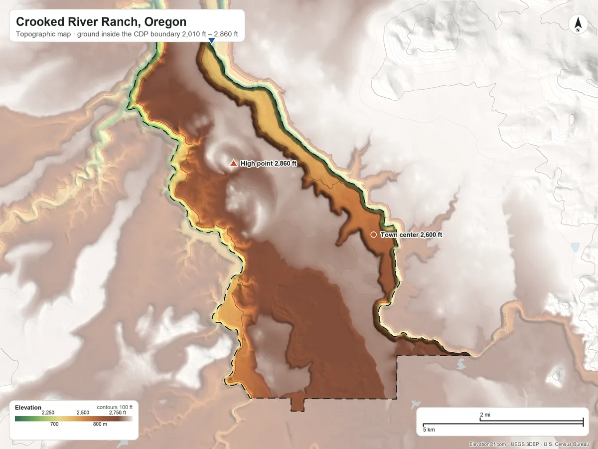 Topographic elevation map of Crooked River Ranch, Oregon, shaded from 2,010 ft on the northwest side to 2,860 ft on the northwest side
