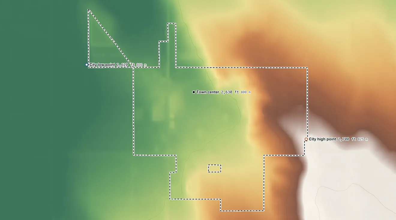 Topographic elevation map of Culver, Oregon, shaded from 2,620 ft on the west side to 2,700 ft on the southeast side