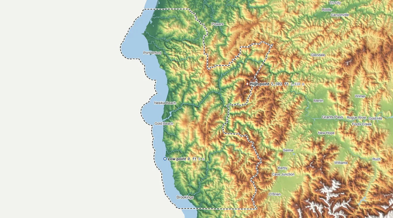 Topographic elevation map of Curry County, Oregon, shaded from sea level on the Pacific Ocean to 5,302 ft on Brandy Peak