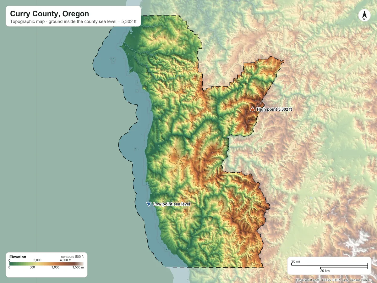 Topographic elevation map of Curry County, Oregon, shaded from sea level on the Pacific Ocean to 5,302 ft on Brandy Peak