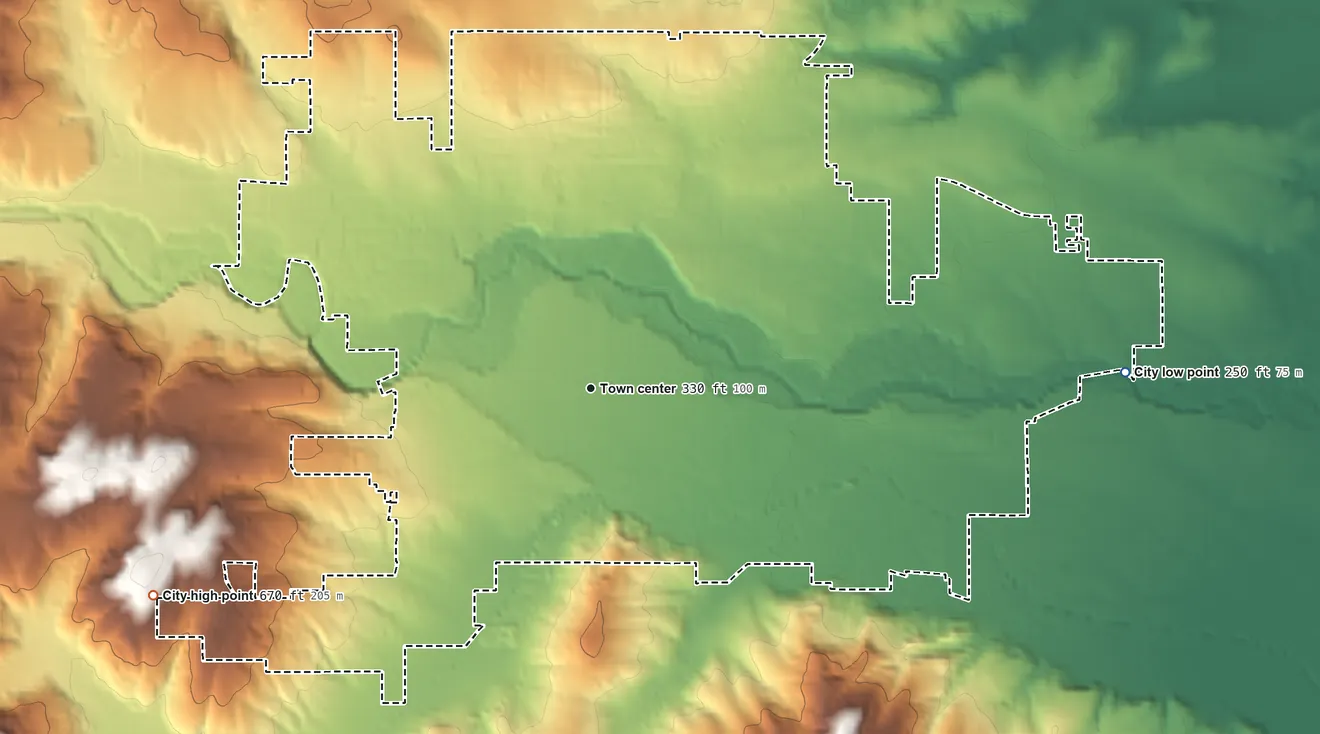Topographic elevation map of Dallas, Oregon, shaded from 250 ft on the east side to 670 ft at the foot of the Salem Hills
