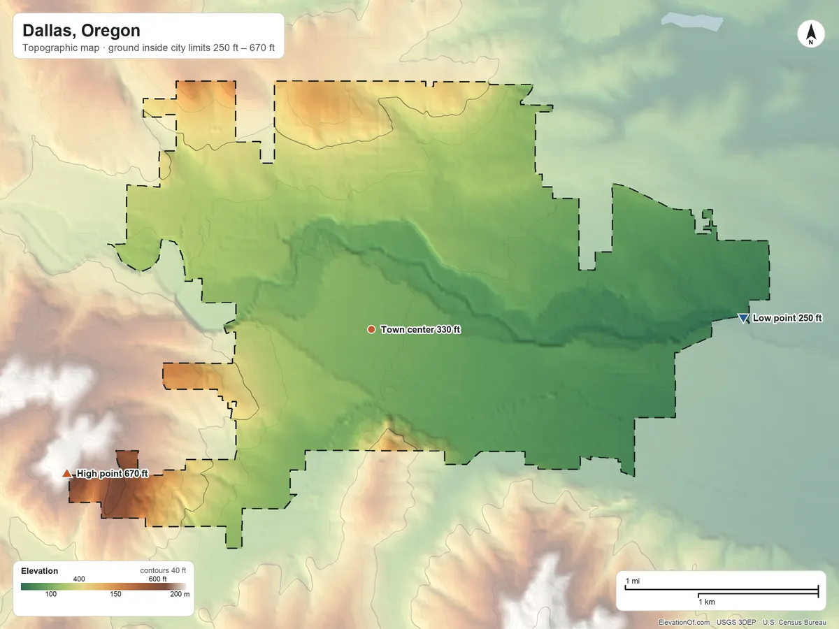 Topographic elevation map of Dallas, Oregon, shaded from 250 ft on the east side to 670 ft at the foot of the Salem Hills