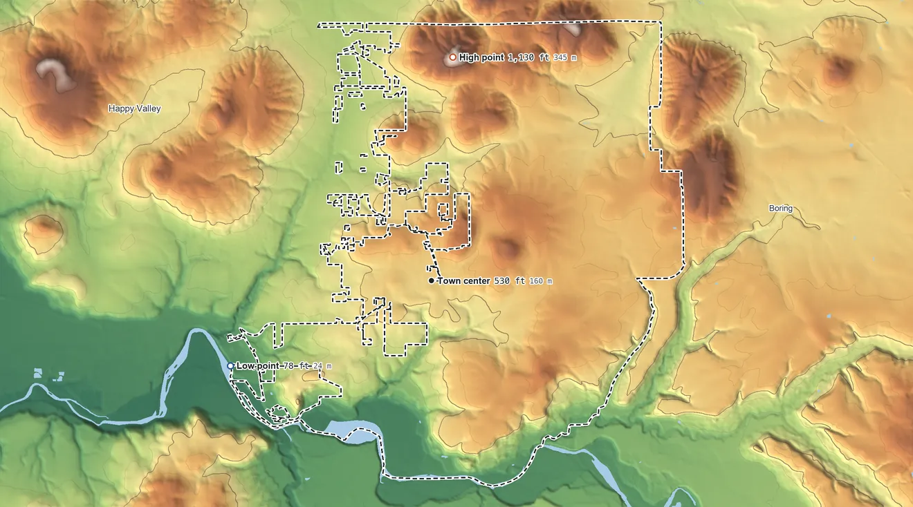 Topographic elevation map of Damascus, Oregon, shaded from 78 ft on the southwest side to 1,130 ft on the north side