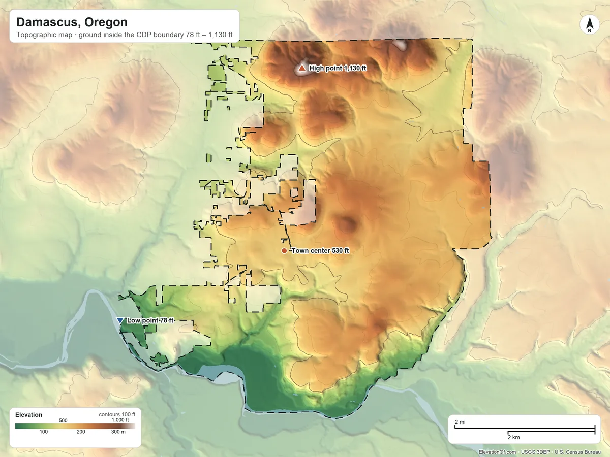 Topographic elevation map of Damascus, Oregon, shaded from 78 ft on the southwest side to 1,130 ft on the north side