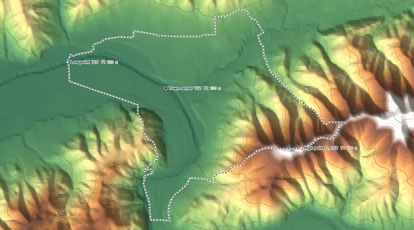 Topographic elevation map of Days Creek, Oregon, shaded from 720 ft on the west side to 2,260 ft on the southeast edge, below higher ground just outside