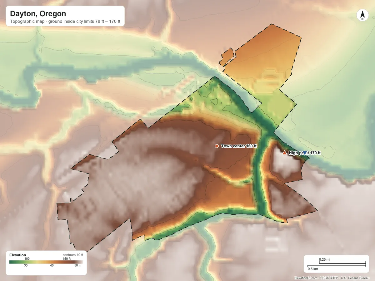 Topographic elevation map of Dayton, Oregon, shaded from 78 ft on the east side to 170 ft on the east side