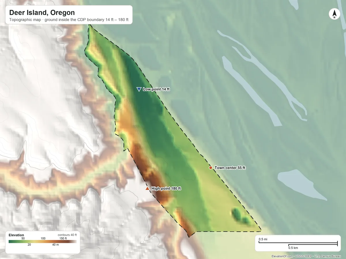 Topographic elevation map of Deer Island, Oregon, shaded from 14 ft on the northwest side to 180 ft on the west edge, below higher ground just outside