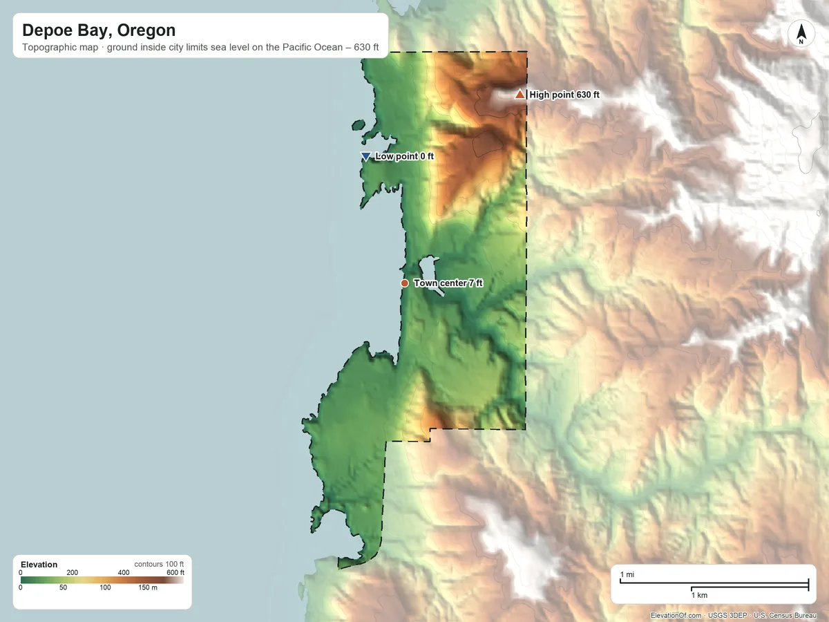 Topographic elevation map of Depoe Bay, Oregon, shaded from sea level level on the Pacific Ocean to 630 ft on the northeast edge, below higher ground just outside
