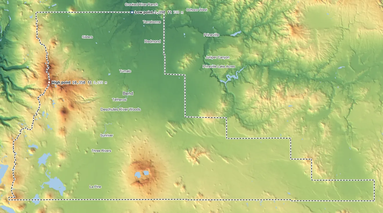 Topographic elevation map of Deschutes County, Oregon, shaded from 2,390 ft on the northwest side to 10,350 ft on South Sister