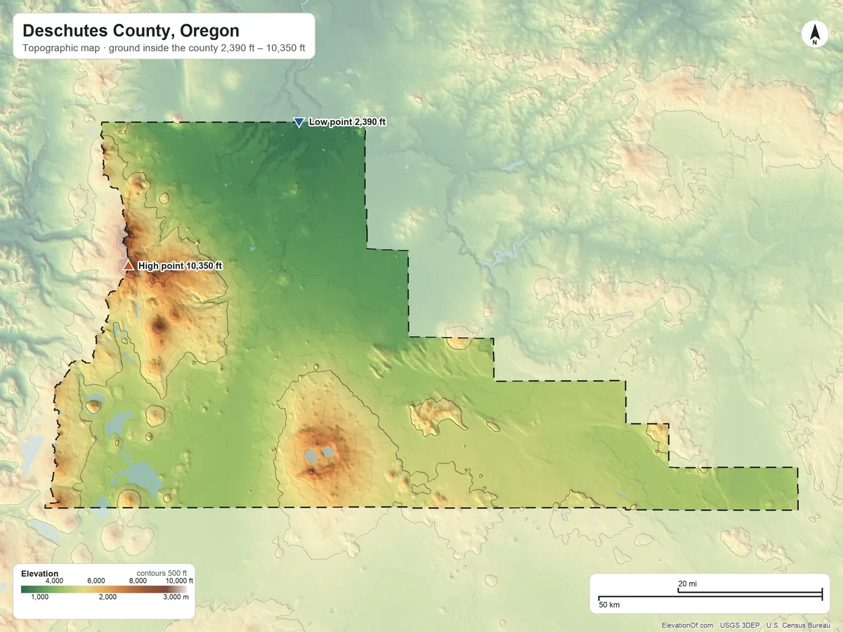 Topographic elevation map of Deschutes County, Oregon, shaded from 2,390 ft on the northwest side to 10,350 ft on South Sister