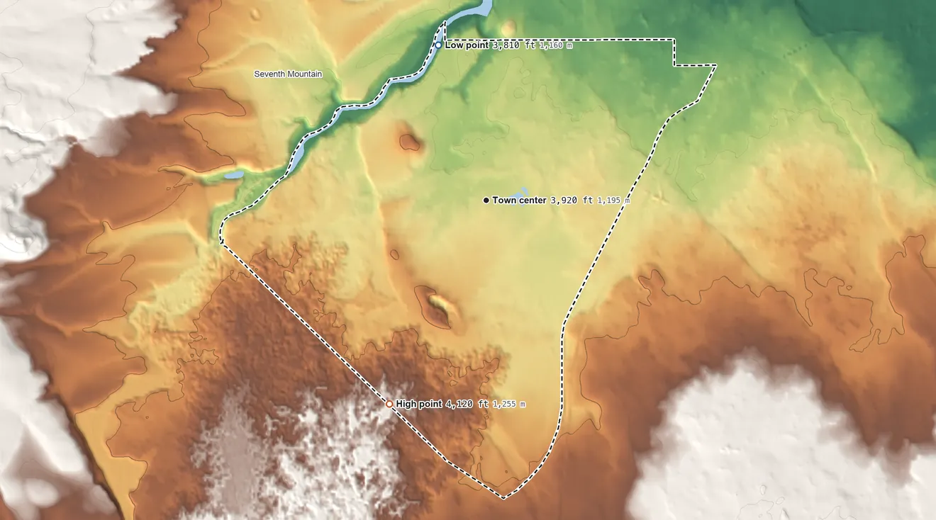Topographic elevation map of Deschutes River Woods, Oregon, shaded from 3,810 ft on the north side to 4,120 ft on the southwest side