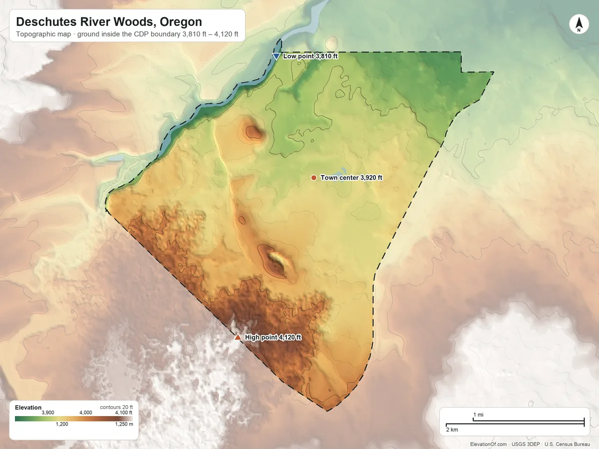 Topographic elevation map of Deschutes River Woods, Oregon, shaded from 3,810 ft on the north side to 4,120 ft on the southwest side