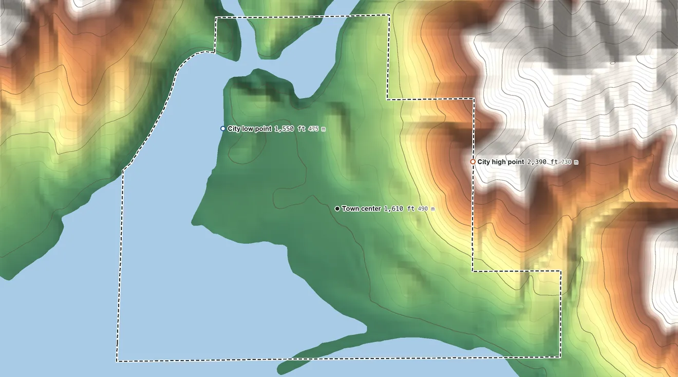 Topographic elevation map of Detroit, Oregon, shaded from 1,550 ft on the northwest side to 2,390 ft on the east edge, below higher ground just outside